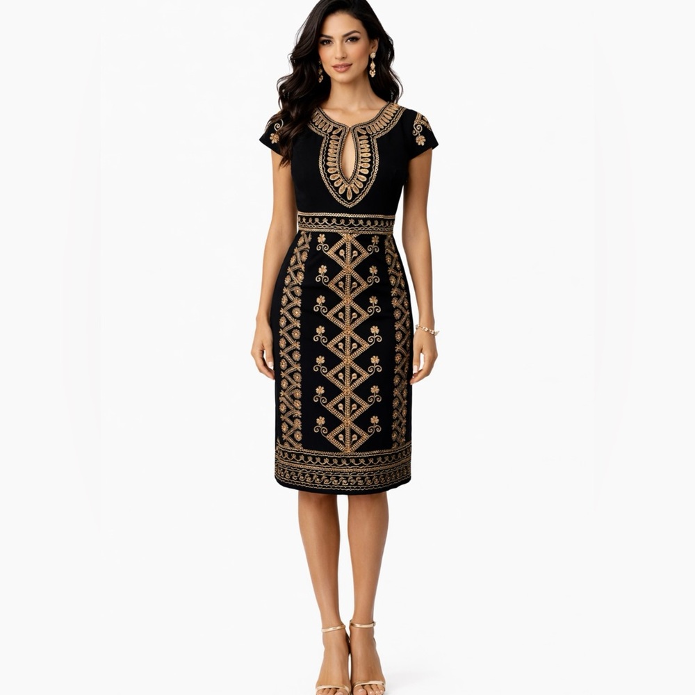 Nanette Lepore Silk Black Gold Embroidered Keyhole Neck Dress Sz 6💛